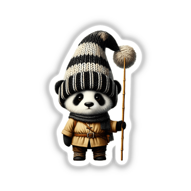 Panda Gnome with Bamboo Stick design, featuring a cartoon panda holding a stick, ideal for stickers or digital downloads. Perfect for crafts and sublimation designs.
