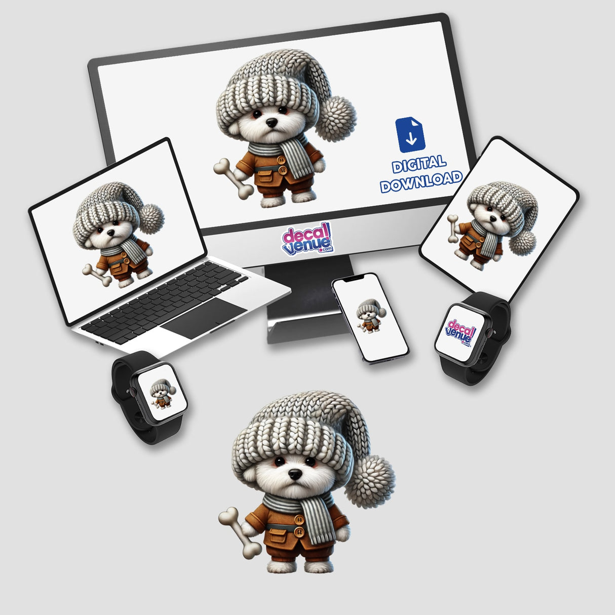Adorable Bichon Frise gnome holding dog bone, featured across digital devices from Decal Venue's collection of unique stickers and artwork.