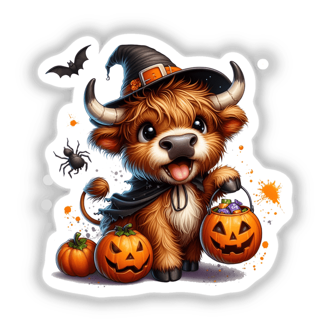 Cute Halloween Highland Cow in Costume, featuring a cartoon cow wearing a hat and holding pumpkins, available as stickers or digital artwork.
