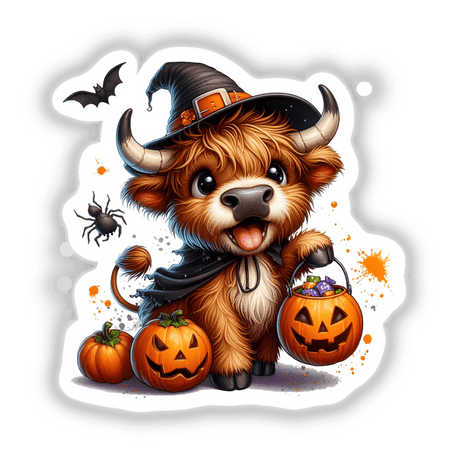 Cute Halloween Highland Cow in Costume, featuring a cartoon cow wearing a hat and holding pumpkins, available as stickers or digital artwork.