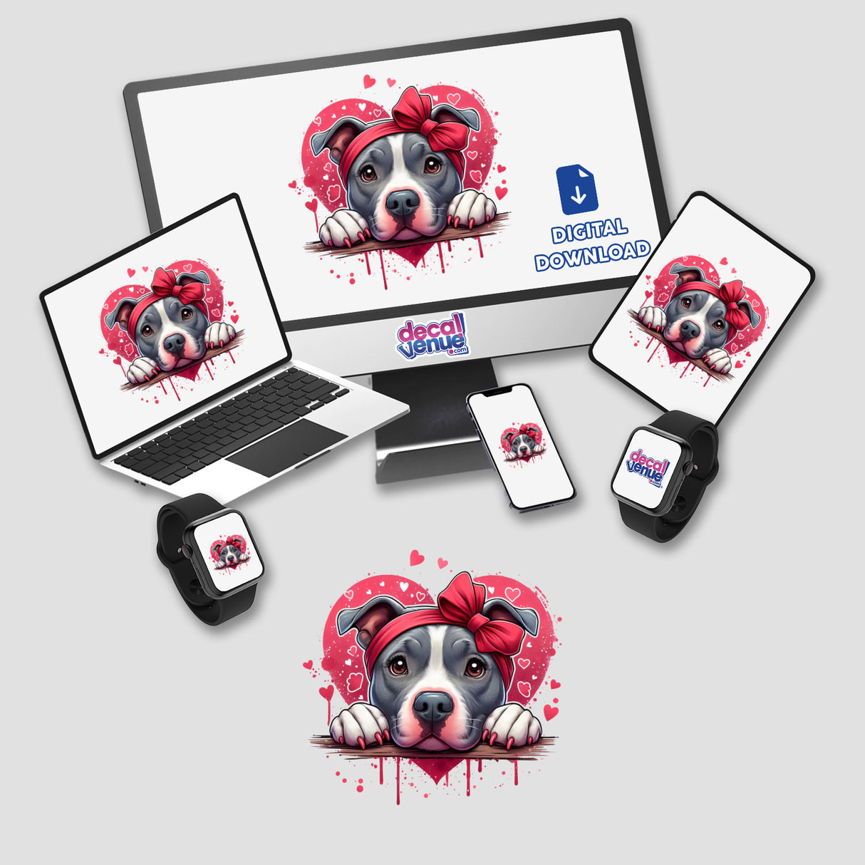 Splatter Hearts Peeking Pitbull Dog design on laptop and mouse pad, featuring a playful pitbull with a bow. Available as stickers or digital artwork from Decal Venue.