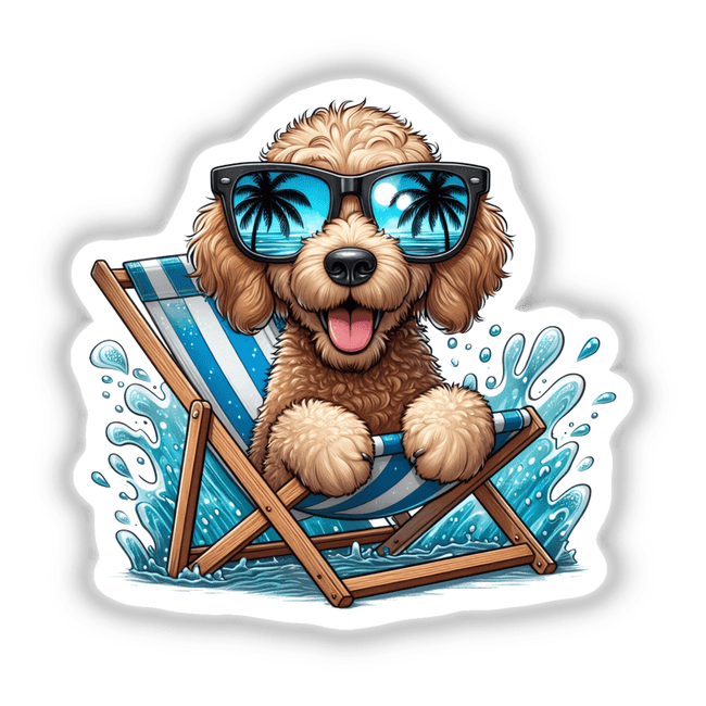 Peeking Golden Doodle Sitting in Beach Chair: A cartoon dog wearing sunglasses, seated comfortably in a chair. Available as unique stickers or digital artwork from Decal Venue.