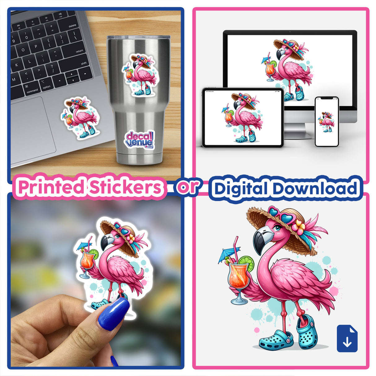 Ready for Summertime Beach Flamingo is featured as a whimsical design available as stickers or digital artwork, capturing a playful flamingo with beach-themed elements, ideal for embellishing personal spaces or digital collections.