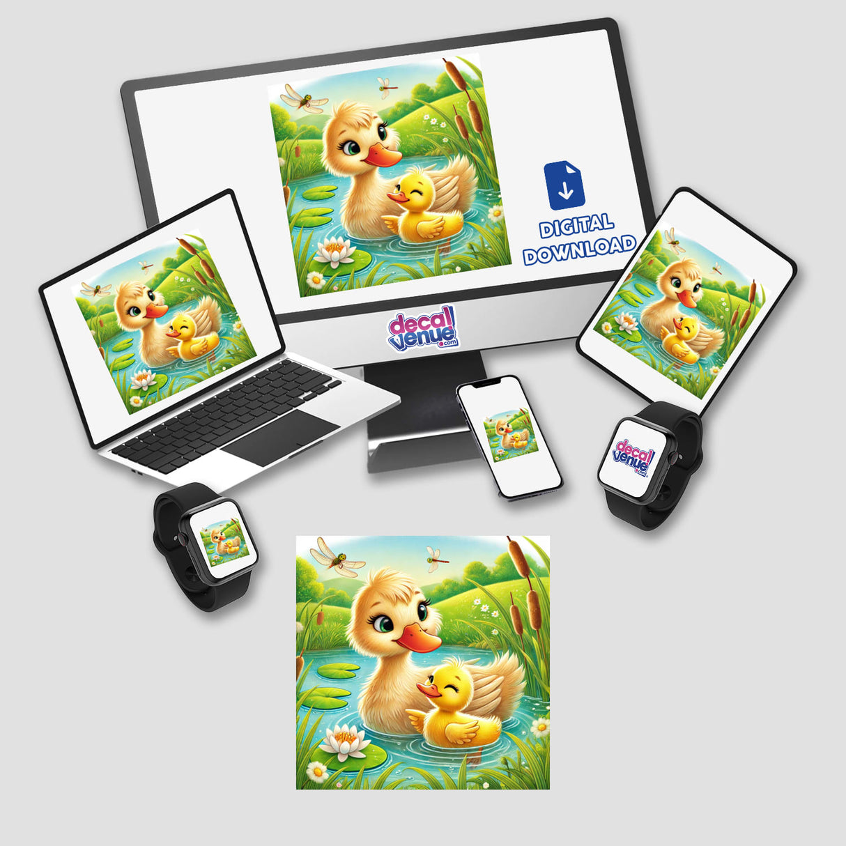 Mother Duck with Duckling Swimming in Water displayed on a laptop and monitor, showcasing this digital artwork available as stickers or digital downloads from Decal Venue.