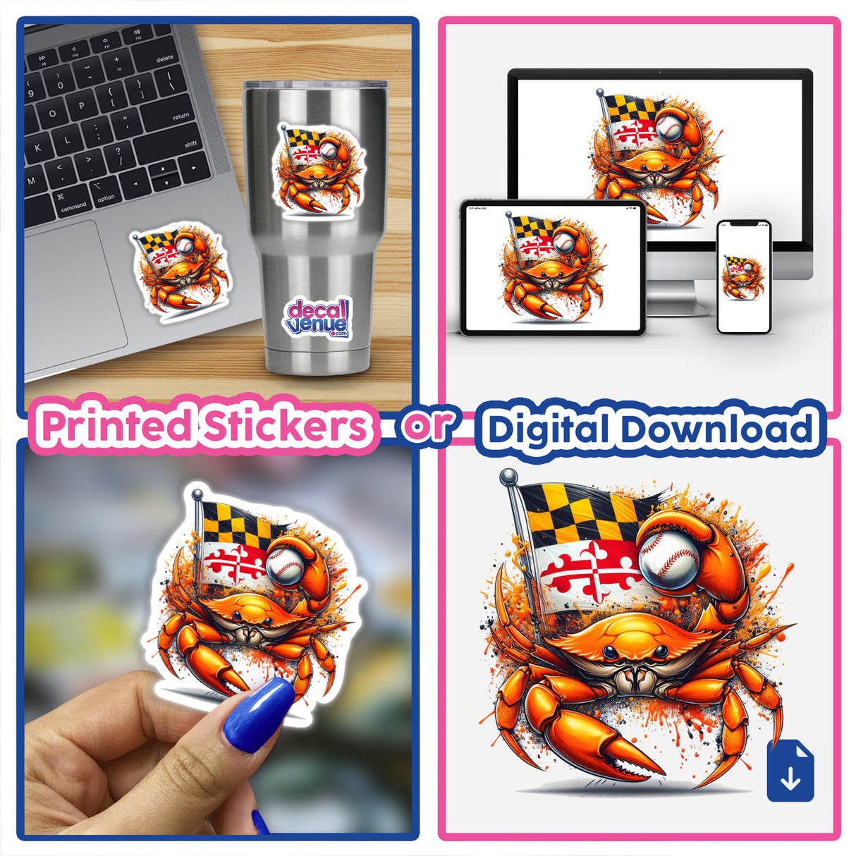 Maryland Steamed Baseball Blue Crab Splatter sticker, featuring a cartoon crab holding a baseball and a flag, suitable for laptops and phones, available as stickers or digital artwork.