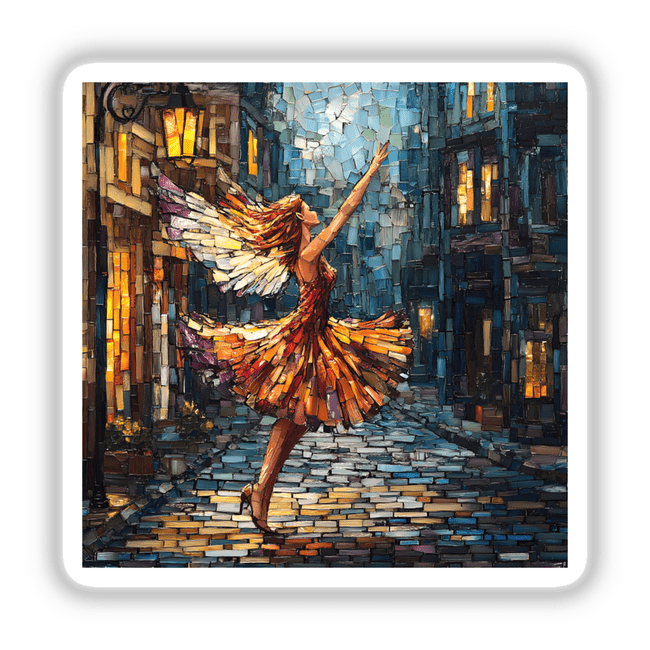 Fairy Dancing on Cobblestone Street Mosaic depicting a woman in a dress dancing gracefully on the street, available as stickers or digital artwork from Decal Venue.