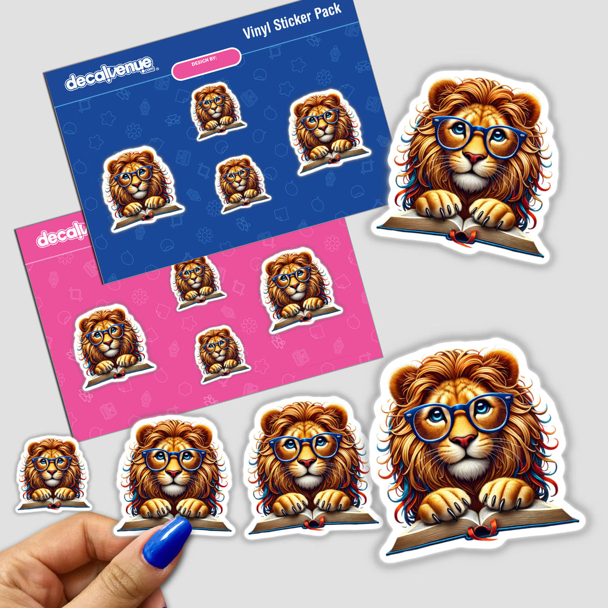 Sticker featuring a cartoon lion in reading glasses holding a book, available as stickers or digital artwork from Decal Venue.