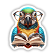 Parrot With Reading Glasses Open Book, a cartoon depiction of a colorful bird wearing glasses engrossed in a book, available as unique stickers or digital artwork at Decal Venue.