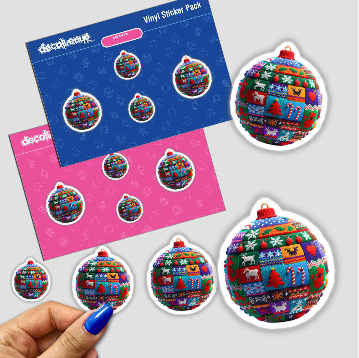 Sticker pack featuring 'Ornament Ball Ugly Christmas Sweater Style' designs, showcasing various knitted Christmas ornament patterns, available as unique stickers or digital artwork.