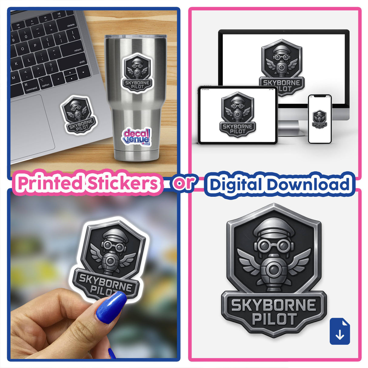 Skyborne Pilot – RPG-Style Skill Badge features a silver steampunk crest, available as stickers or digital artwork, embodying Decal Venue's unique blend of vinyl artistry and digital design.