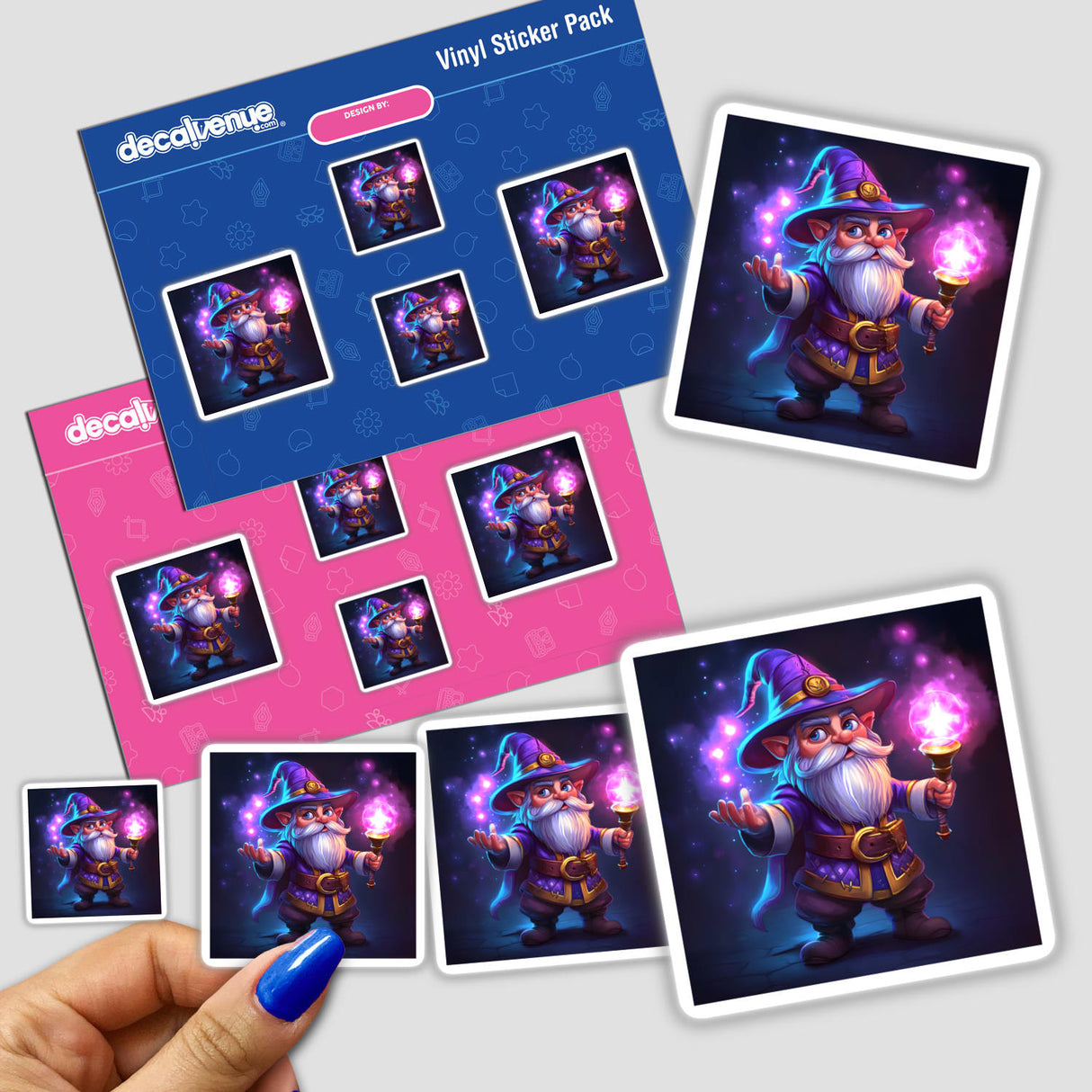 Hand holding stickers featuring a Fantasy Wizard with Vibrant Arcane Magic Effects, available as stickers or digital artwork.