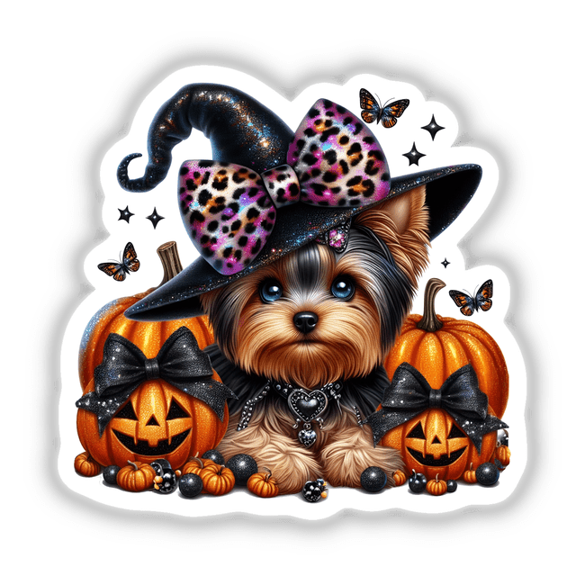Halloween Yorkie Dog with Leopard and Black Bows - Whimsical digital artwork featuring a Yorkie dog wearing a stylish witch hat, surrounded by pumpkins, butterflies, and other Halloween decor.
