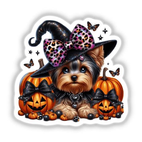 Halloween Yorkie Dog with Leopard and Black Bows - Whimsical digital artwork featuring a Yorkie dog wearing a stylish witch hat, surrounded by pumpkins, butterflies, and other Halloween decor.