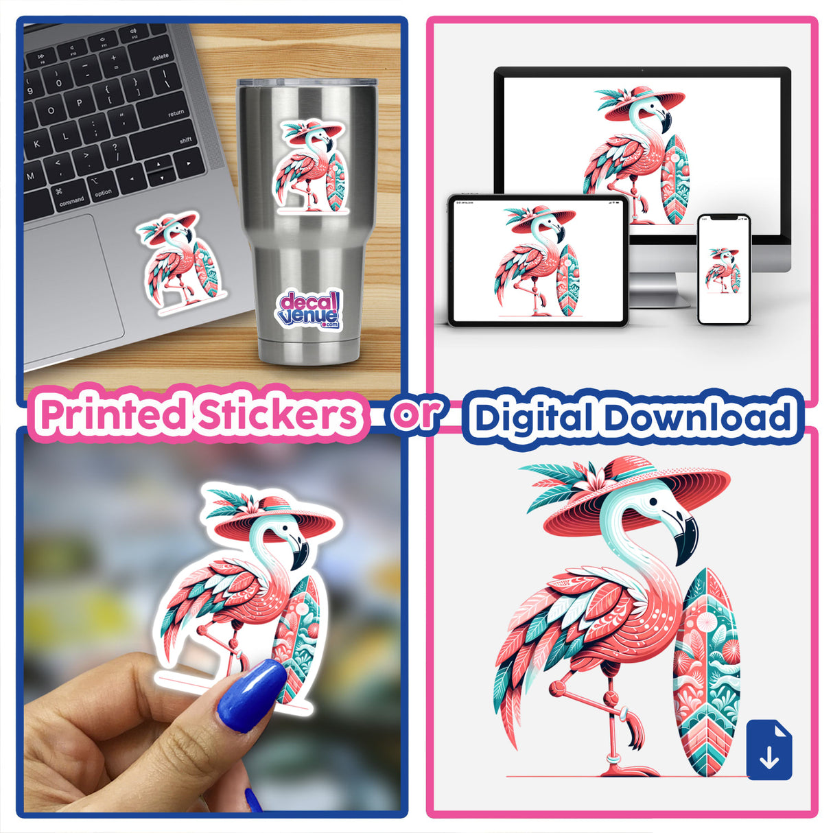 Flamingo in Summer Beach Hat with Surfboard