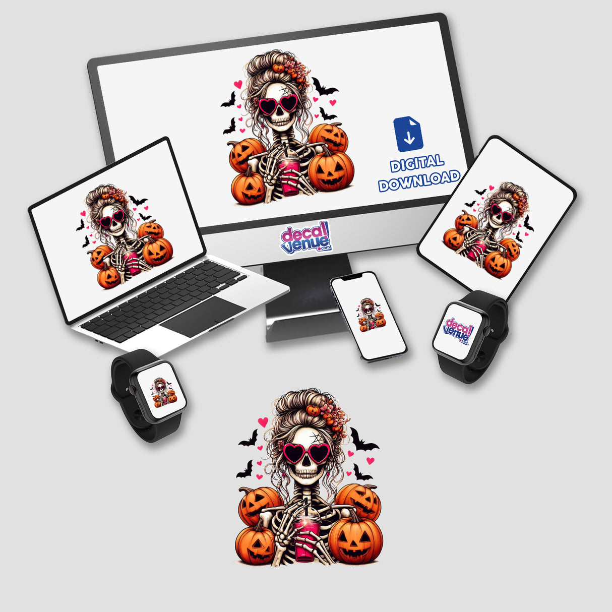 Spooky Halloween skeleton lady with pumpkins and bats, digital artwork for stickers and downloads by Ella Designz from Decal Venue