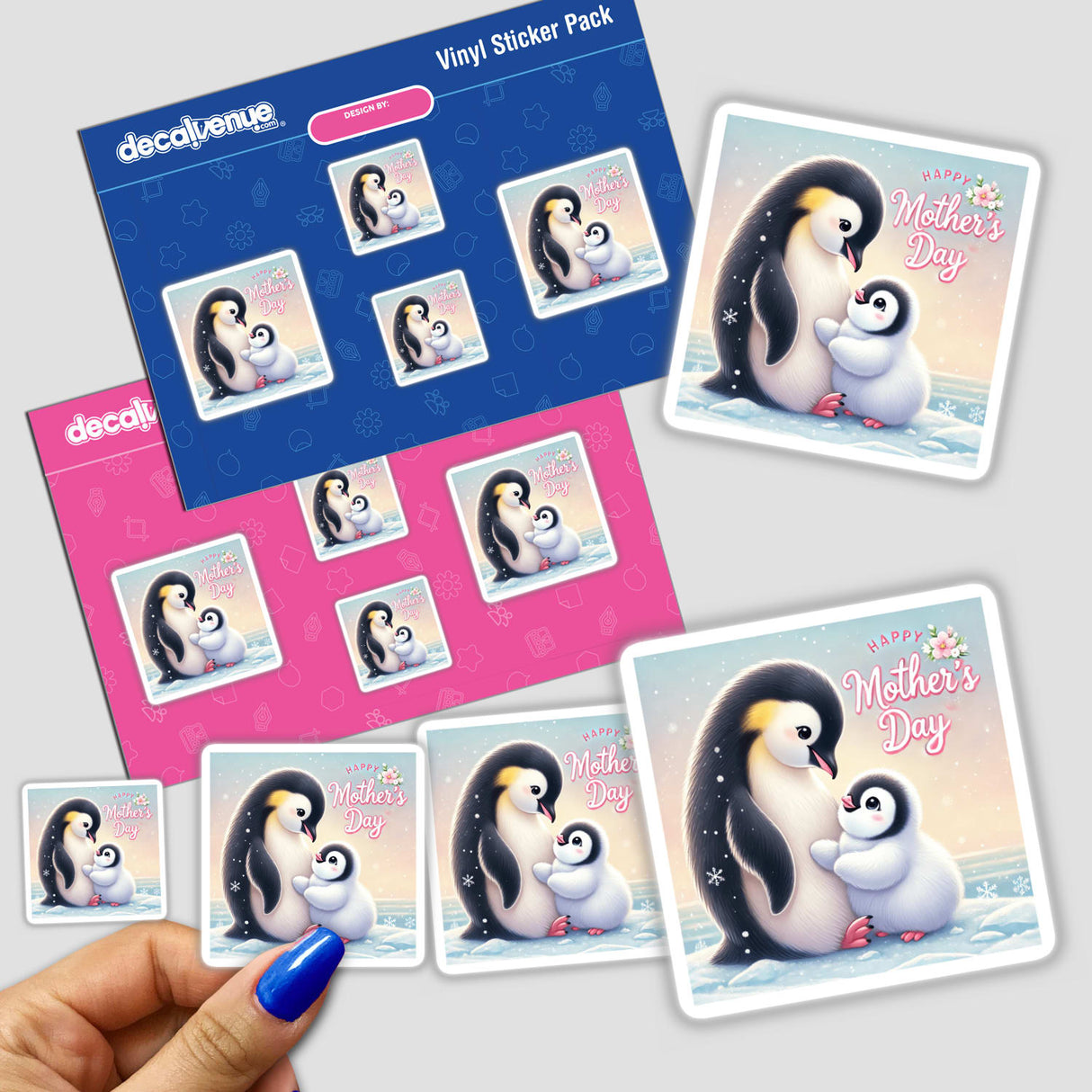 Mother penguin with her child in Happy Mother's Day, depicted as charming stickers featuring a penguin hugging a baby penguin, available at Decal Venue as unique vinyl stickers or digital art.