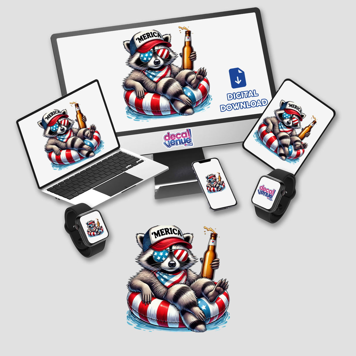 Raccoon American Flag Float Merica design displayed on a computer monitor and laptop, featuring a cartoon raccoon in patriotic attire holding a beer.