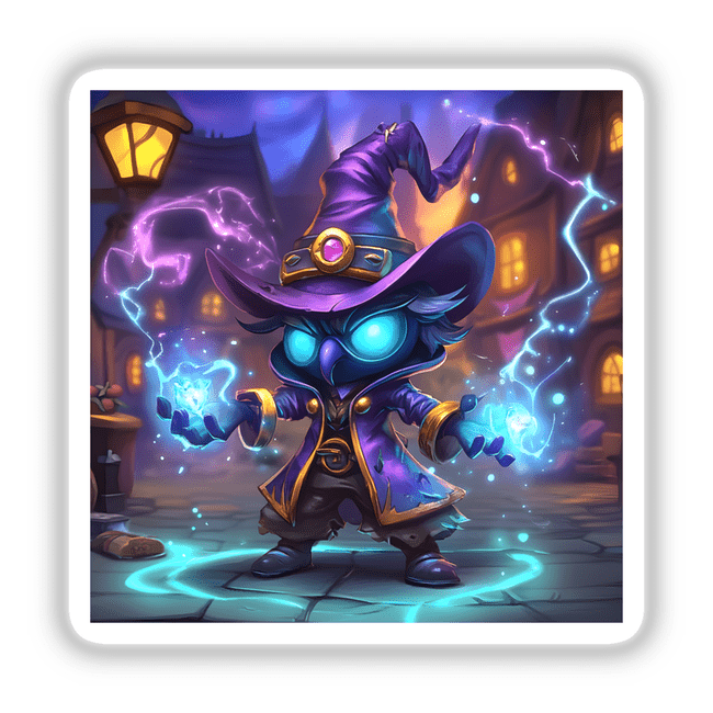 Sorcerer with Glowing Magical Effects cartoon character holding a glowing blue object, available as stickers or digital artwork.
