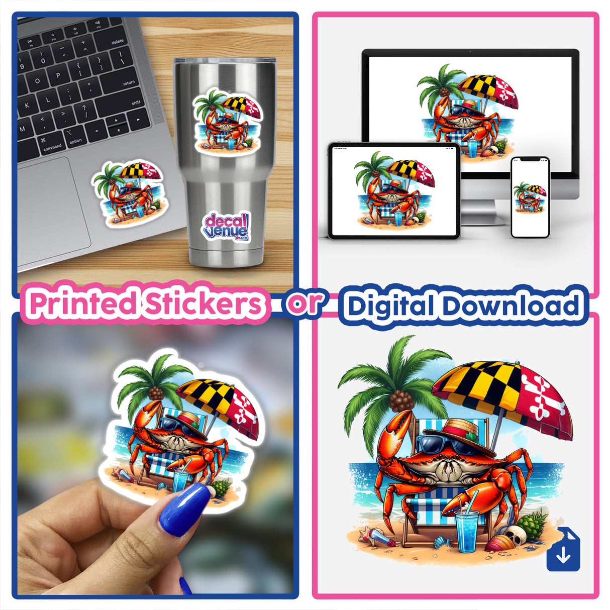 Maryland Shore Blue Crab Sitting on Beach II sticker shows a relaxed crab in sunglasses on a beach chair, surrounded by palm trees and Maryland-themed umbrella, ideal for adding summer vibes to projects.