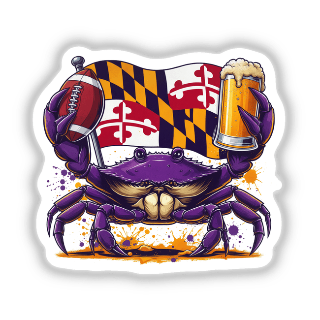 Maryland is for Football Crabs and Beer: A cartoon crab holding a football and a beer, available as stickers or digital artwork.