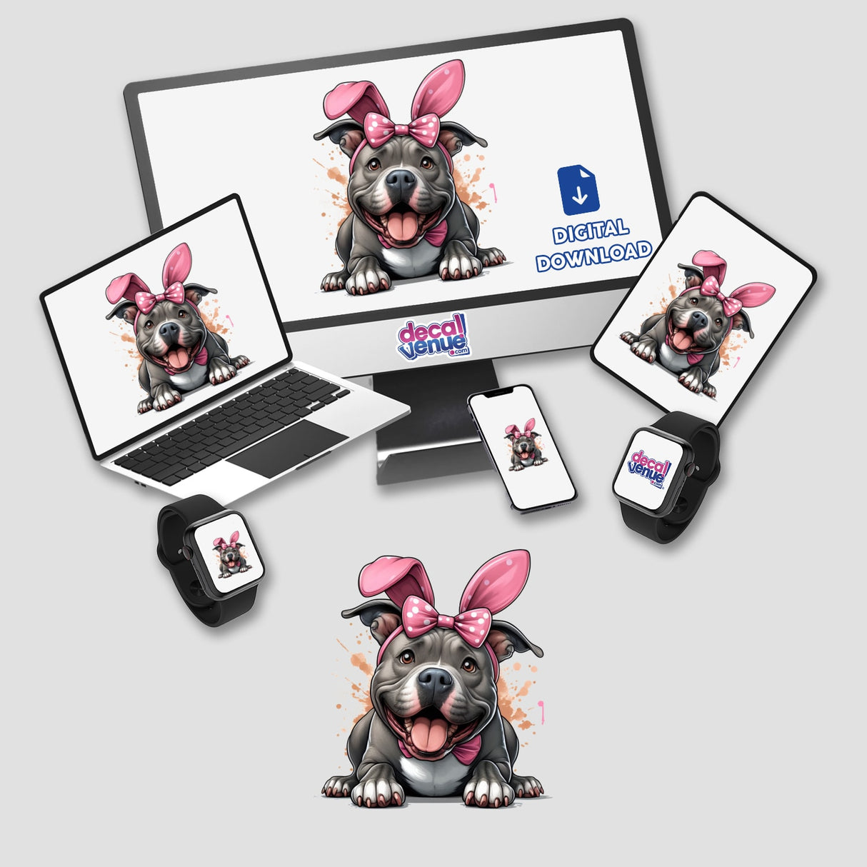 Happy Easter Bunny Pitbull Dog design displayed on a laptop and mouse pad, featuring a pitbull with a pink bow, available as stickers or digital artwork from Decal Venue.