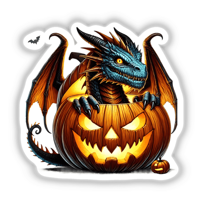 Spooky dragon peeking out from illuminated Jack-o'-lantern, surrounded by bats - digital Halloween artwork from Decal Venue.