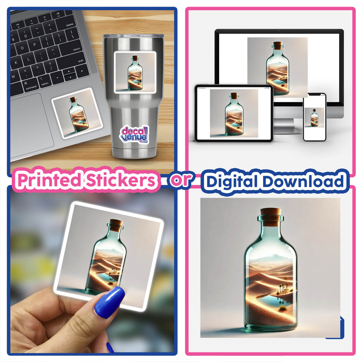 Collage of a laptop displaying Desert Mirage - Sand Dunes Inside a Glass Bottle and a close-up of a hand holding a sticker of the same bottle.