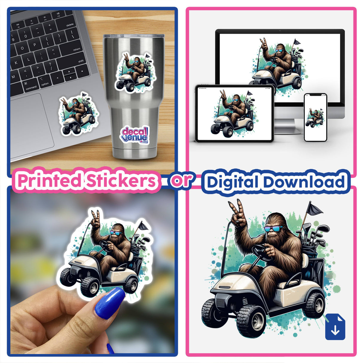 Sasquatch in Golfing Cart design, available as stickers or digital artwork from Decal Venue, showcasing a whimsical depiction of Sasquatch driving a golf cart, perfect for unique vinyl sticker enthusiasts.