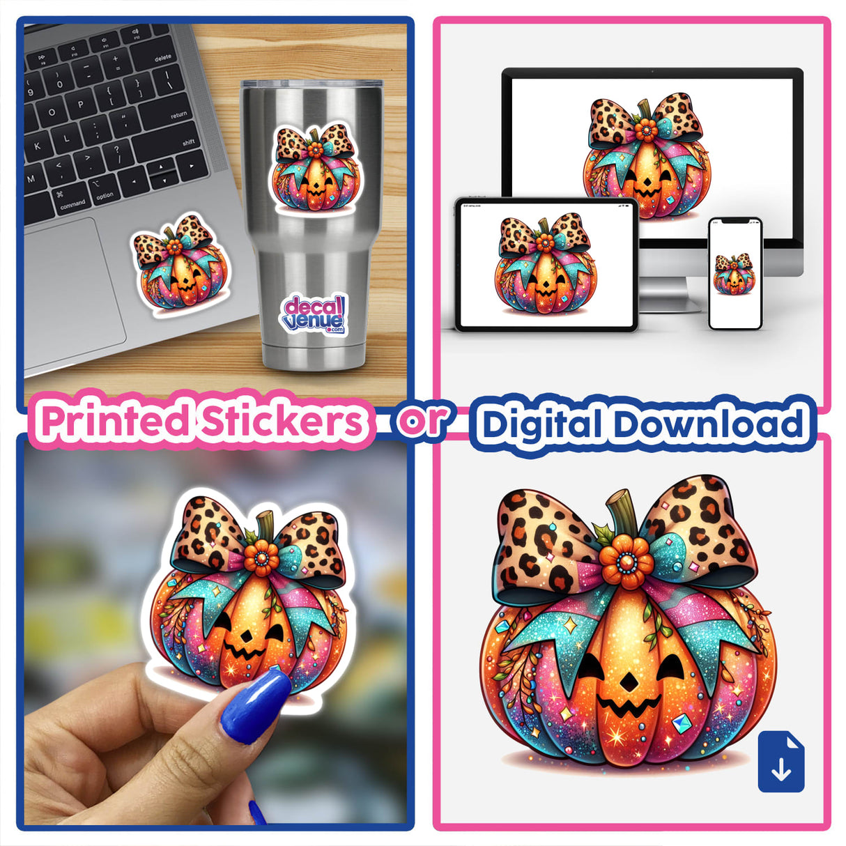 Vibrant digital artwork of a happy, colorful pumpkin with a leopard-print bow, showcased on various product mockups including a laptop, smartphone, and sticker. The pumpkin features a playful, whimsical design with intricate patterns and textures, creating a visually striking and eye-catching image.