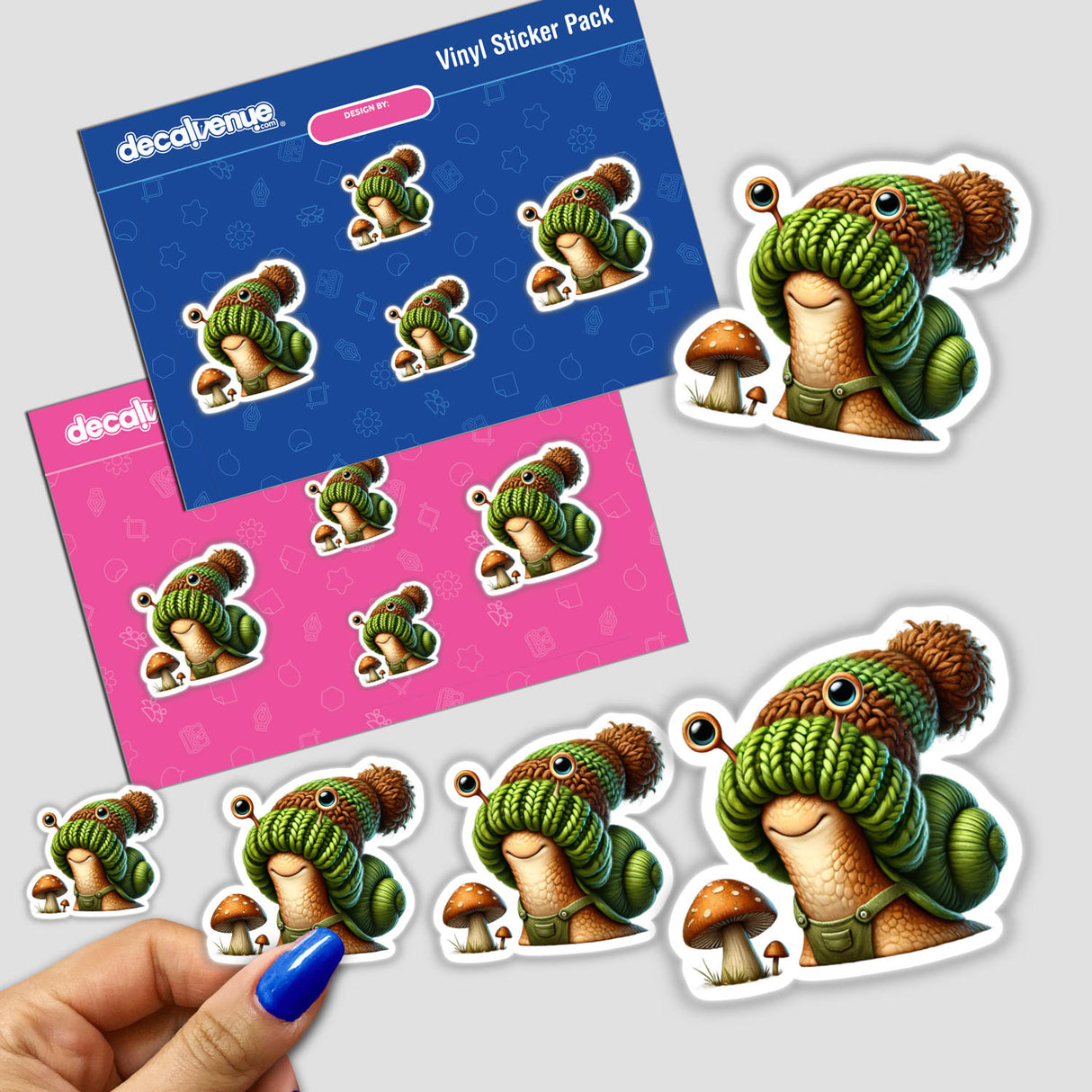 Snail Gnome with Mushroom stickers featuring cartoon snails wearing knit hats in various poses. Available as stickers or digital artwork from Decal Venue.