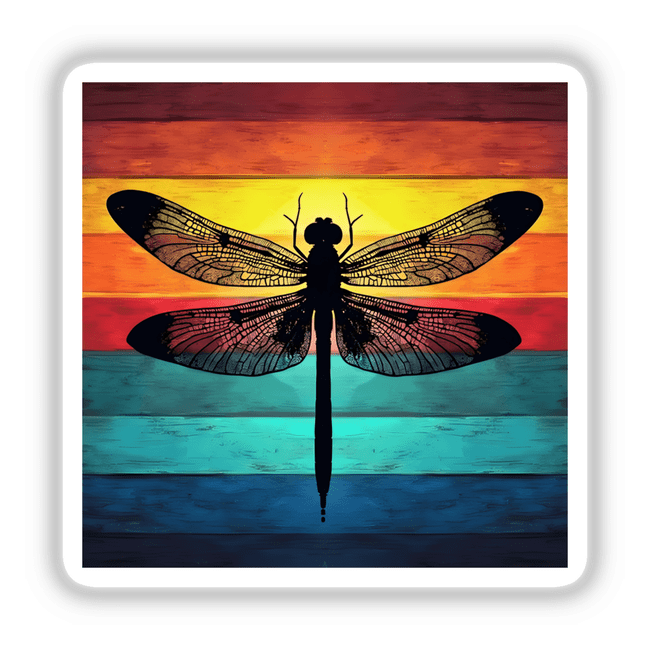 Dragonfly Silhouette with Multi-Color Stripes: A detailed dragonfly artwork set against a vibrant background, available as stickers or digital artwork from Decal Venue.