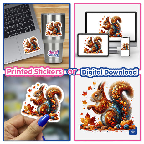 Beautiful Autumn Squirrel with Leaves sticker collage featuring close-up shots of the sticker on laptops and in hand, highlighting the intricate design of a squirrel surrounded by leaves and pumpkins.
