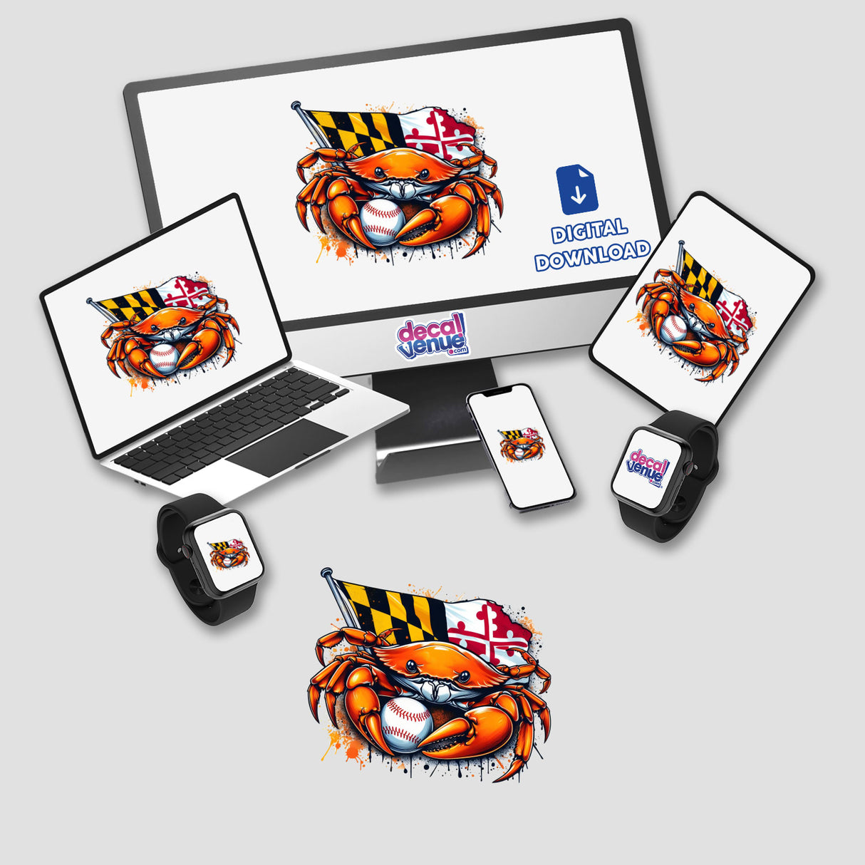 Maryland Flag Baseball Crab Splash design featuring a cartoon crab holding a flag and baseball on a laptop screen, available as stickers or digital artwork from Decal Venue.