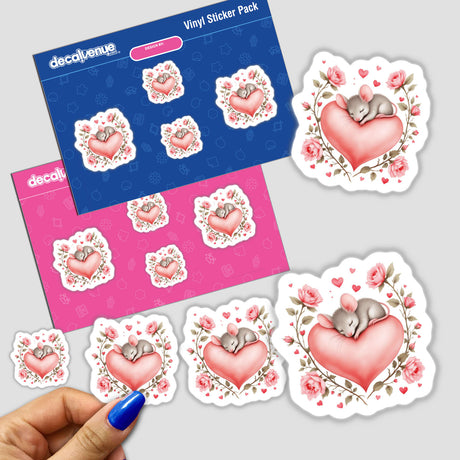 Sleeping Mouse on a Heart with Roses sticker pack, featuring adorable cartoon mice, perfect for adding a whimsical touch to your space.