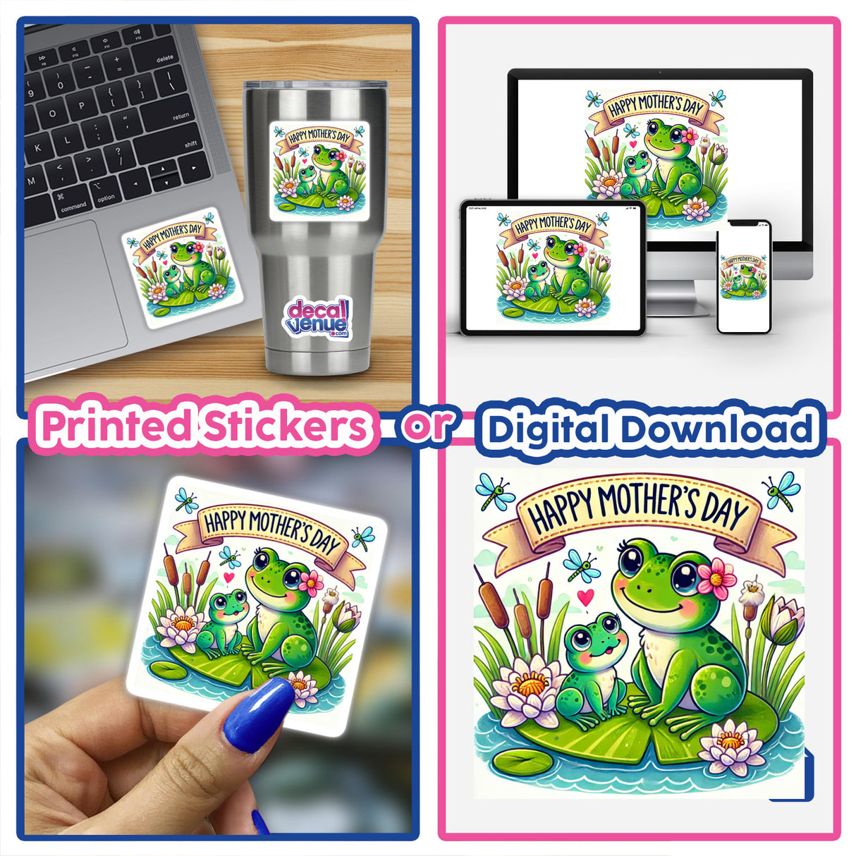 Happy Mother's Day Frogs in a Pond Illustration featuring charming frogs amidst lily pads, available as stickers or digital artwork from Decal Venue, known for unique vinyl stickers and digital art.