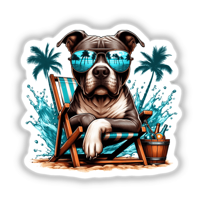 Tropical Pitbull Dog in Beach Chair: A stylish dog wearing sunglasses, seated in a chair with palm tree reflections, available as unique stickers or digital artwork from Decal Venue.