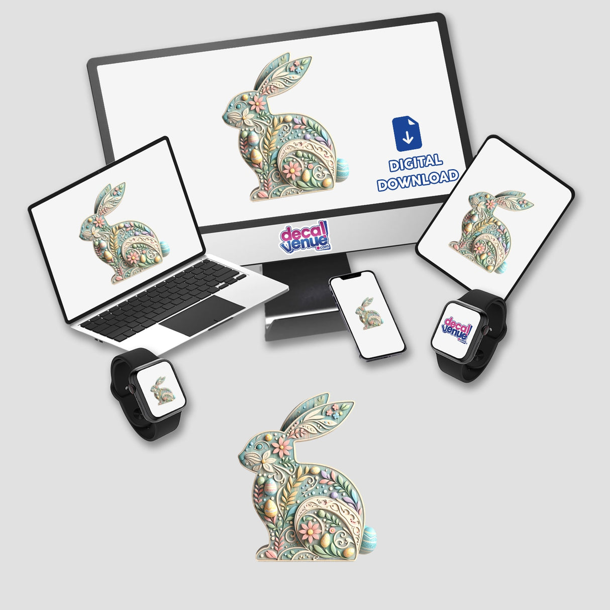 Intricately Designed Easter Bunny with Flowers displayed on a computer monitor and laptop screens, showcasing its use as digital art and stickers, fitting Decal Venue's unique and versatile offerings.
