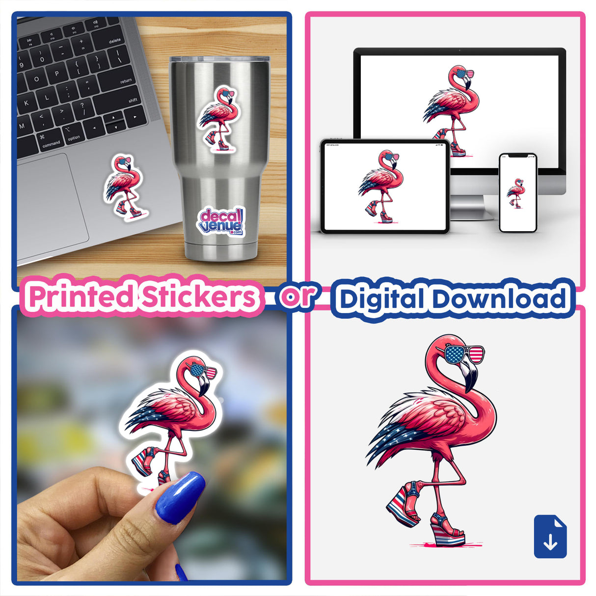 Sassy American Flamingo in Wedges sticker and digital art, featuring a pink flamingo in star-spangled sunglasses and heels, shown as a sticker and on devices from Decal Venue.