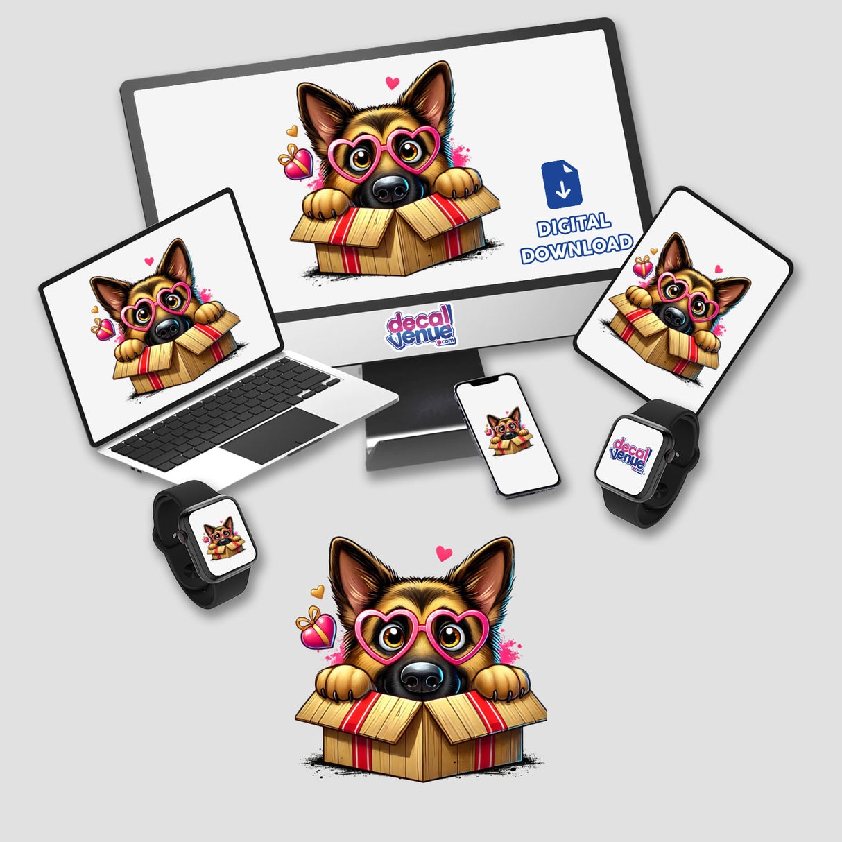 Peeking German Shepherd Nerdy Dog depicted with heart-shaped glasses in a box, available as stickers or digital artwork. Featured on devices like laptops and smartwatches, showcasing Decal Venue's unique vinyl and digital art offerings.