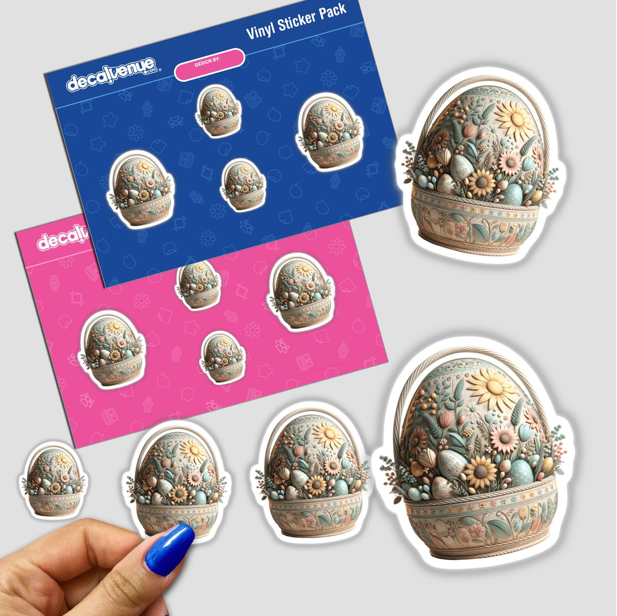 Intricately Designed Easter Egg Basket with Floral Art: A sticker pack showcasing decorative eggs with floral and leaf patterns, perfect for collectors of unique vinyl stickers and digital artwork.