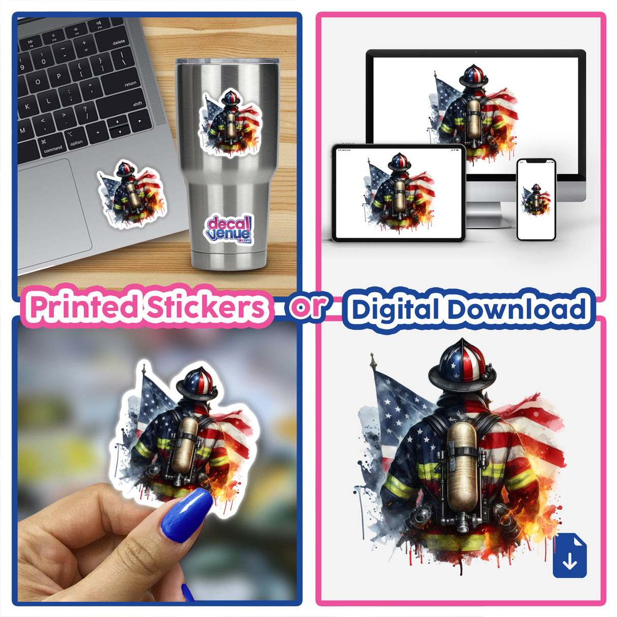 Collage featuring the Firefighter Etched Into American Flag sticker, highlighting a firefighter in uniform, with motifs of flags and firefighting equipment, available as stickers or digital art.