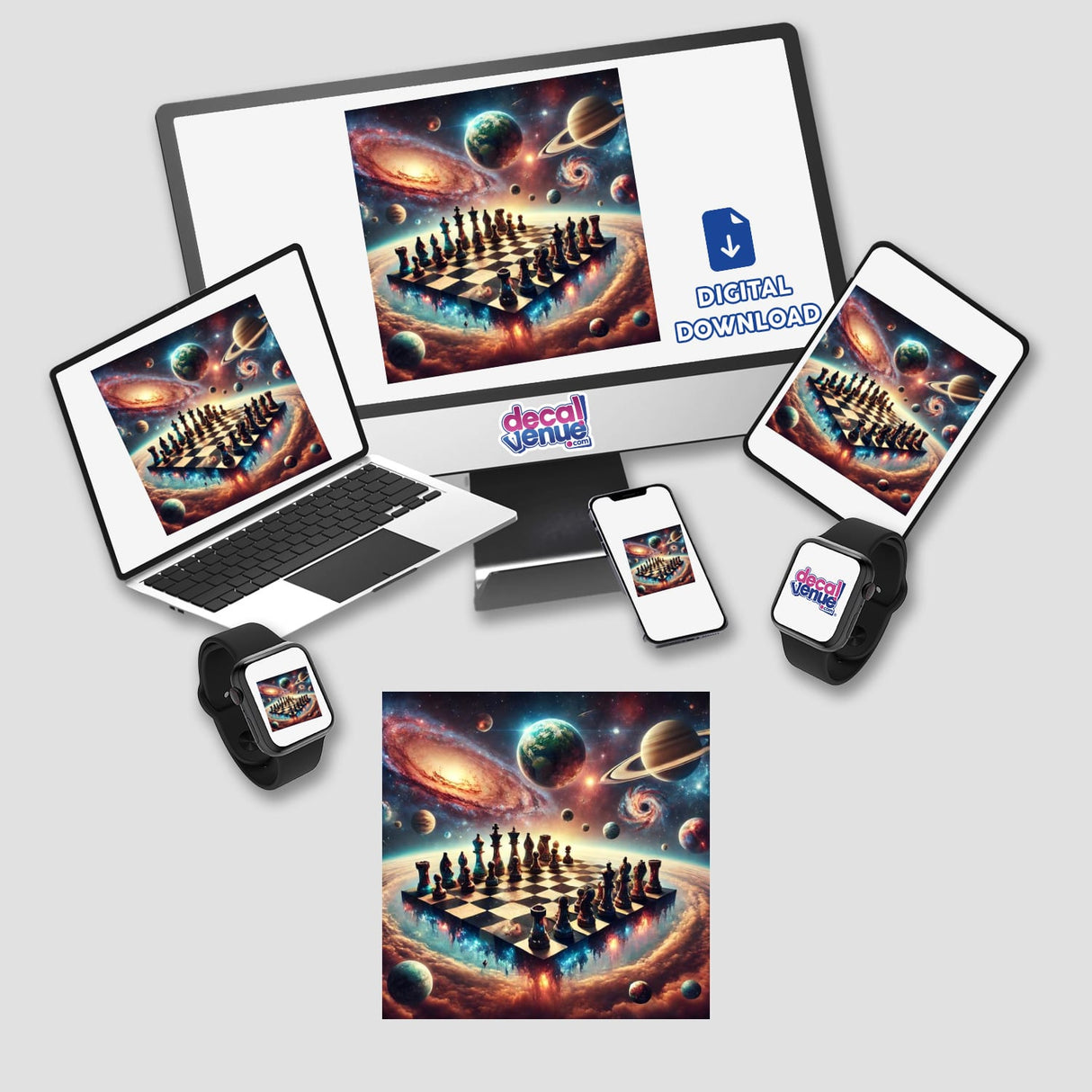 Galactic Chess - Space-Themed Chessboard with Planets and Stars, displayed on a laptop, tablet, and cellphone, showcasing the unique digital artwork available as stickers or digital downloads.
