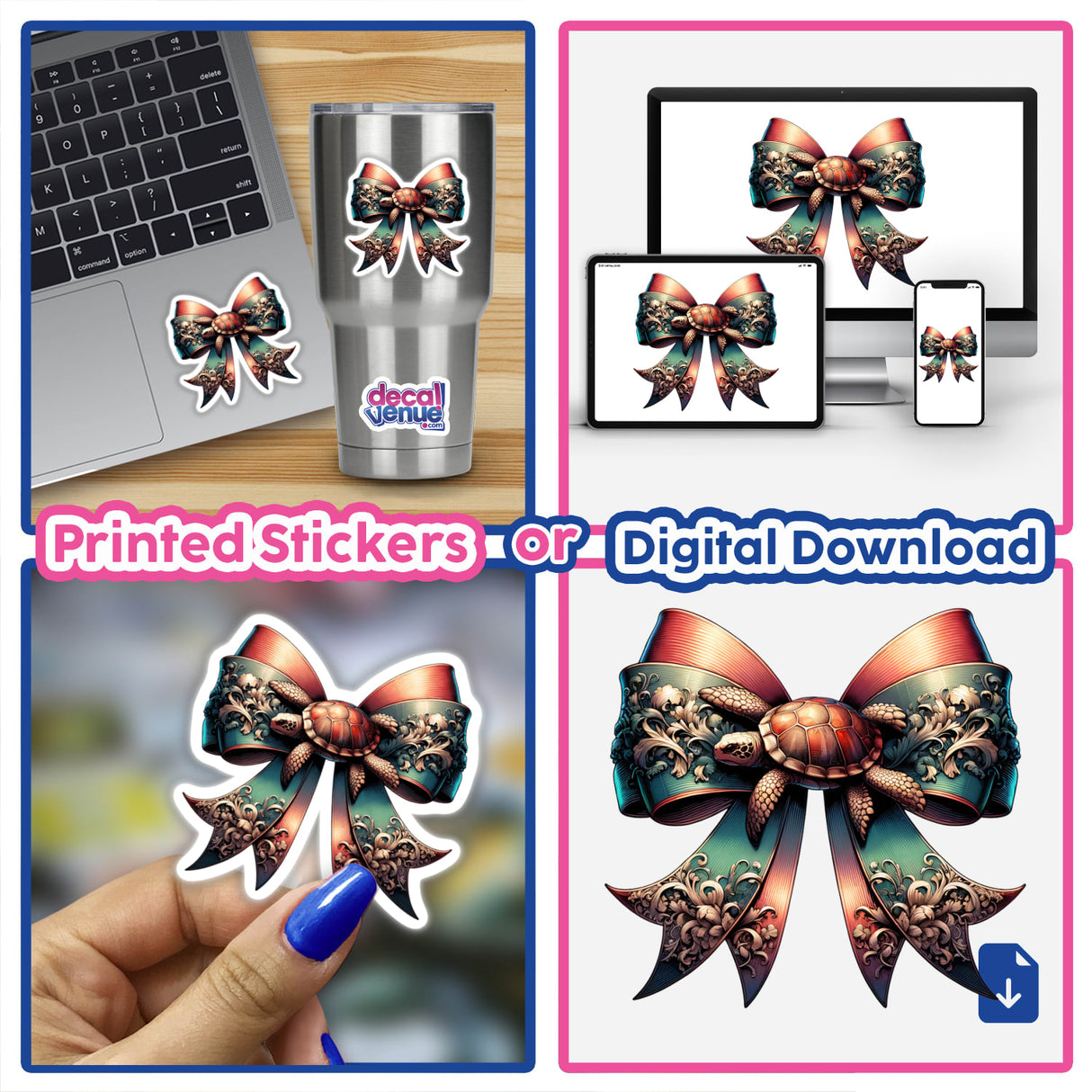 Collage featuring Turtle Coquette Bow stickers and digital artwork, including close-ups of the bow on various items like a laptop and phone.