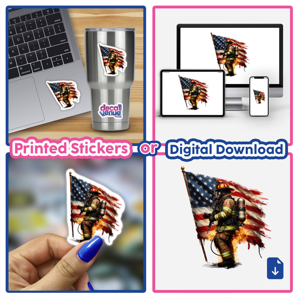 American flag with patriotic firefighter graphic displayed on stickers, digital art, and various product mockups.