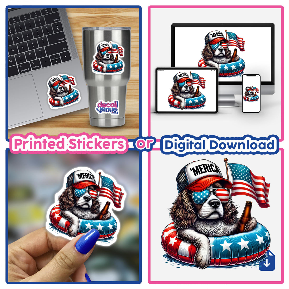 Cocker Spaniel American Flag Float Merica sticker featuring a dog with a hat and sunglasses, floating with a flag and beer, ideal for laptops or as digital artwork.