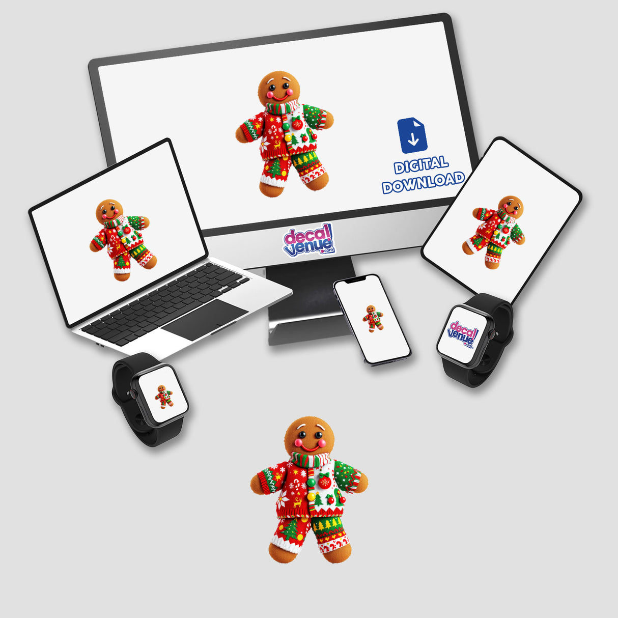 Gingerbread Man Ugly Christmas Sweater Style displayed on a computer monitor and laptop screen, emphasizing its availability as unique stickers or digital artwork, aligning with Decal Venue's creative offerings.