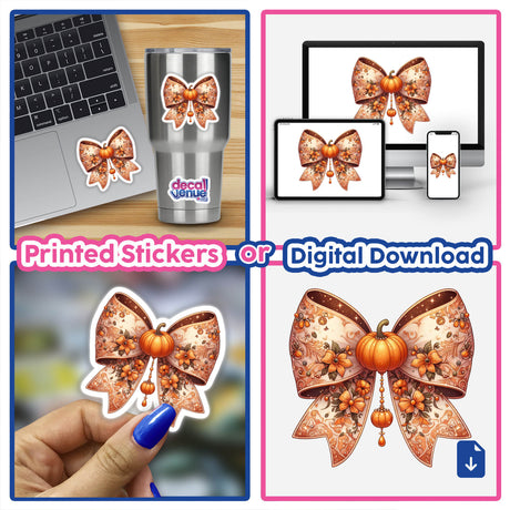 Orange Pumpkin Intricate Coquette Bow displayed on a laptop, surrounded by a collage of detailed stickers and digital artwork, including pumpkins, flowers, and butterflies.