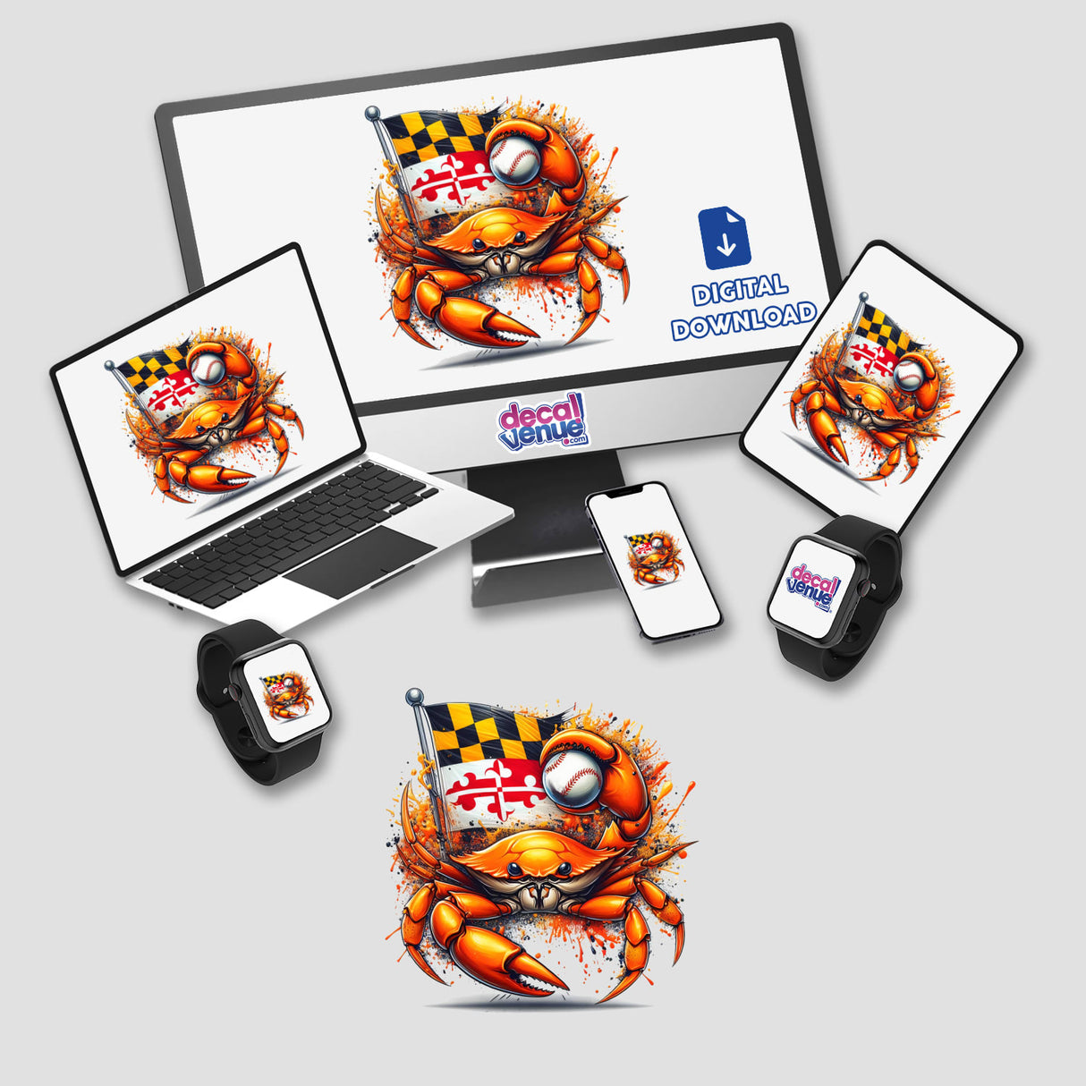 Maryland Steamed Baseball Blue Crab Splatter design displayed on various devices, featuring a cartoon crab holding a baseball and flag. Available as stickers or digital art from Decal Venue.