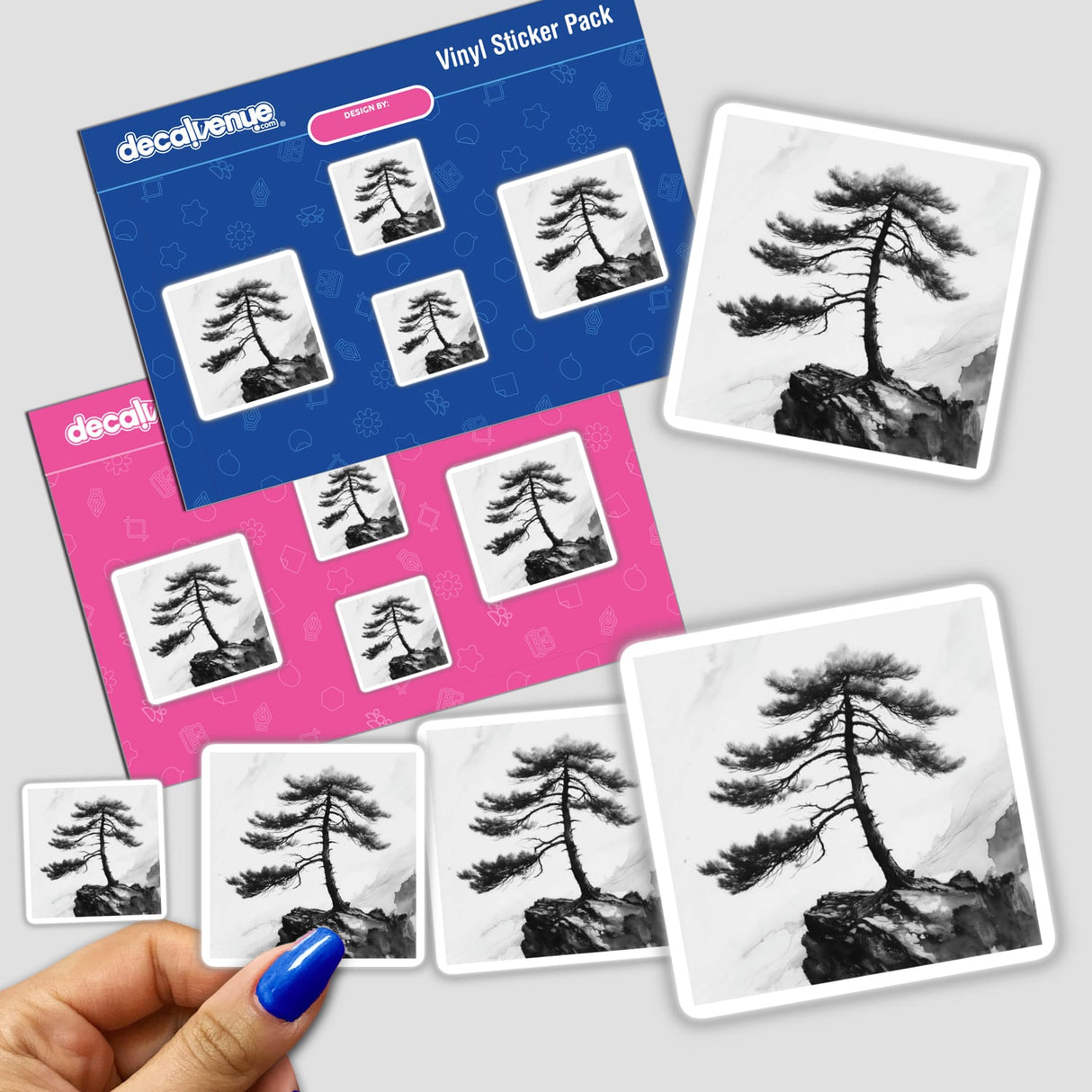 Sumi-e Pine Tree on Cliffside Minimal Japanese Landscape Art, available as stickers or digital artwork, showcasing a serene Japanese-style ink painting of a pine tree on a rugged cliff.