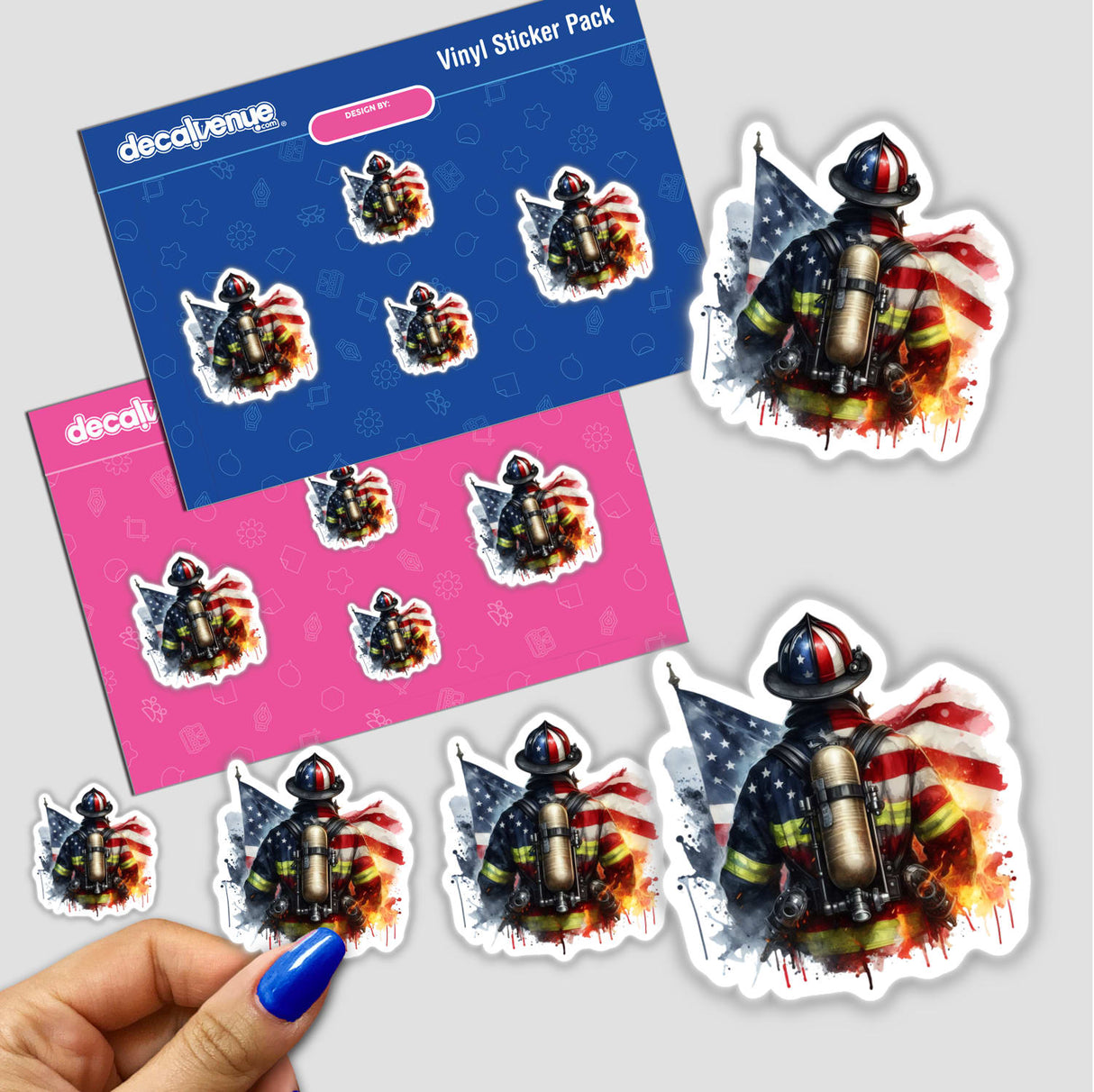 Firefighter Etched Into American Flag sticker pack featuring various firefighters holding flags, available as stickers or digital artwork, capturing the essence of bravery and patriotism in unique vinyl designs.